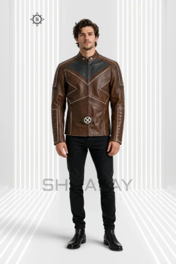 Dark Brown Frost Line Jacket front view showing angular contrast piping, a stand collar, segmented sleeves and circular waist hardware.