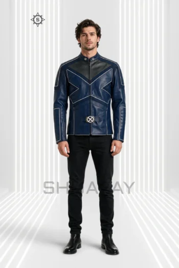 Navy Blue Frost Line Jacket front view showing angular contrast piping, a stand collar, segmented sleeves and circular waist hardware.