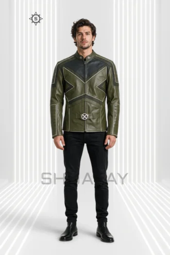 Olive Green Frost Line Jacket front view showing angular contrast piping, a stand collar, segmented sleeves and circular waist hardware.