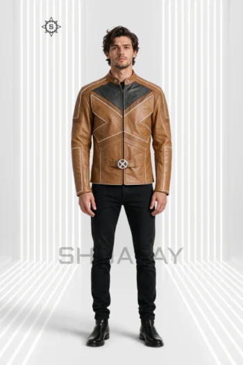 Tan Frost Line Jacket front view showing angular contrast piping, a stand collar, segmented sleeves and circular waist hardware.