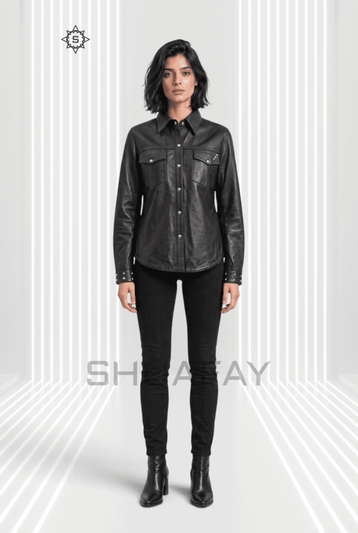 Black Lustre studded leather shirt for women, front view with a pointed collar, snap placket, two flap chest pockets and studded cuffs.