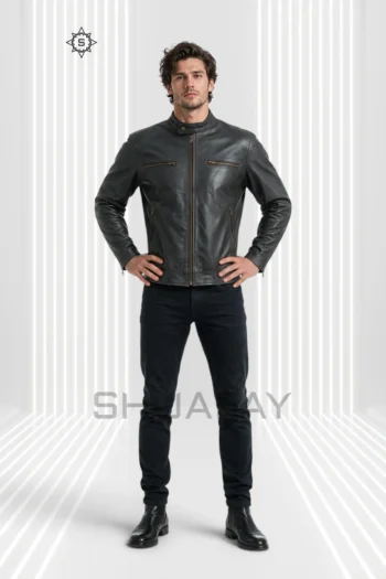 Charcoal gray Swift Guard Biker Jacket for men, front power stance with snap-tab collar and four zipped pockets.