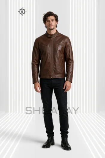 Dark brown Swift Guard Biker Jacket for men, front view with four zipped pockets and snap-tab collar.