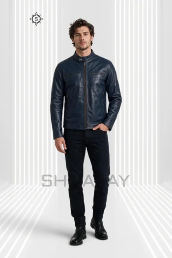 Navy blue Swift Guard Biker Jacket for men, front view with four zipped pockets and one hand in a trouser pocket.