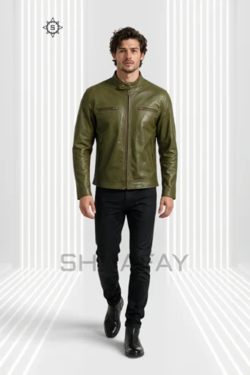 Olive green Swift Guard Biker Jacket for men, walking front view with four zipped pockets and snap-tab collar.