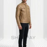 Tan Swift Guard Biker Jacket for men, three-quarter front view with snap-tab collar and zipped pockets.