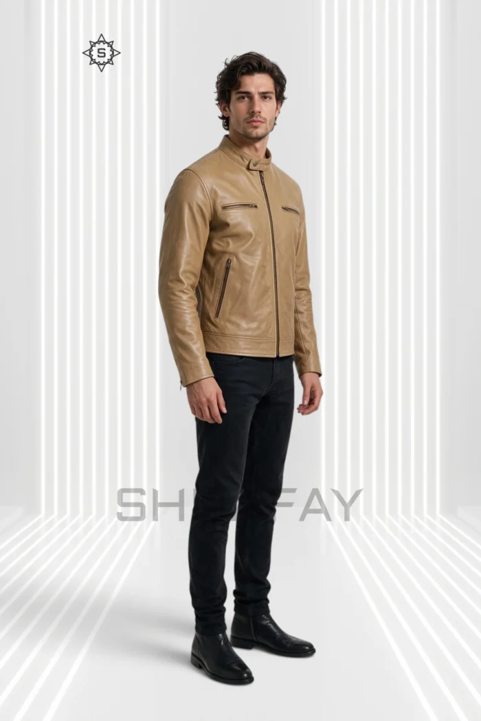 Tan Swift Guard Biker Jacket for men, three-quarter front view with snap-tab collar and zipped pockets.