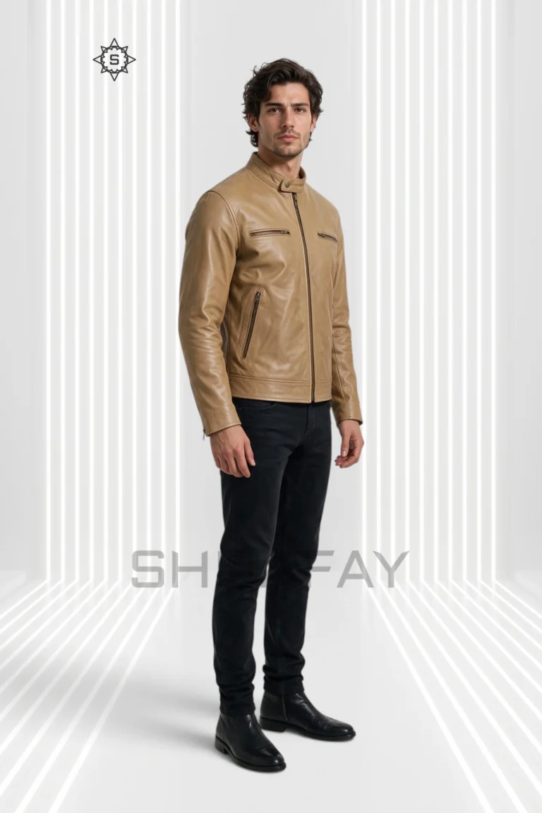 Tan Swift Guard Biker Jacket for men, three-quarter front view with snap-tab collar and zipped pockets.