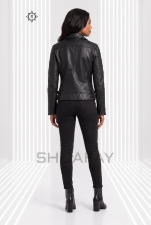 Black Strato Shear women’s leather jacket, back view with channel-stitched sleeves and a diamond-stitched lower band.