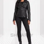 Black Strato Shear women’s leather jacket, front view with asymmetric zip, ribbed sleeves and twin waist buckles.