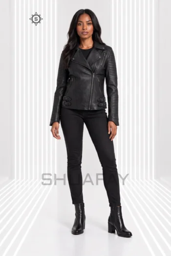Black Strato Shear women’s leather jacket, front view with asymmetric zip, ribbed sleeves and twin waist buckles.