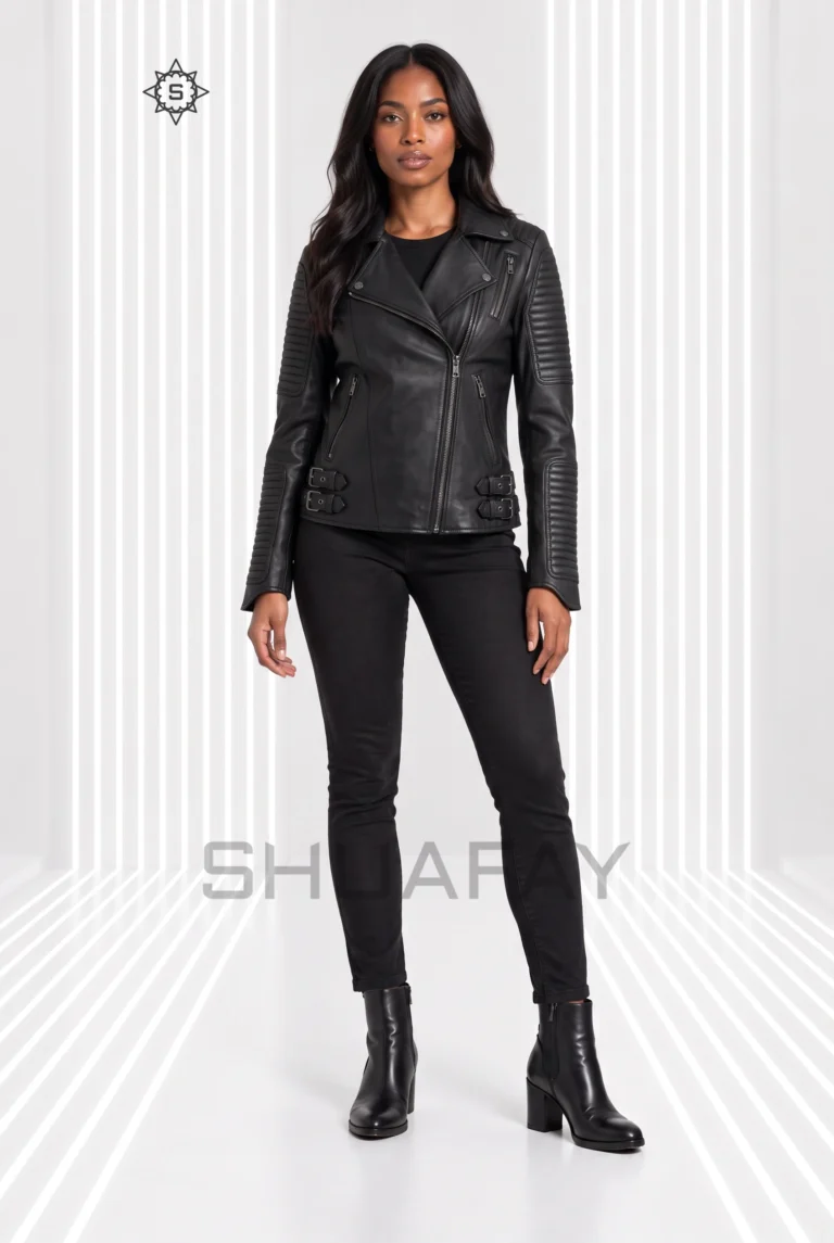 Black Strato Shear women’s leather jacket, front view with asymmetric zip, ribbed sleeves and twin waist buckles.