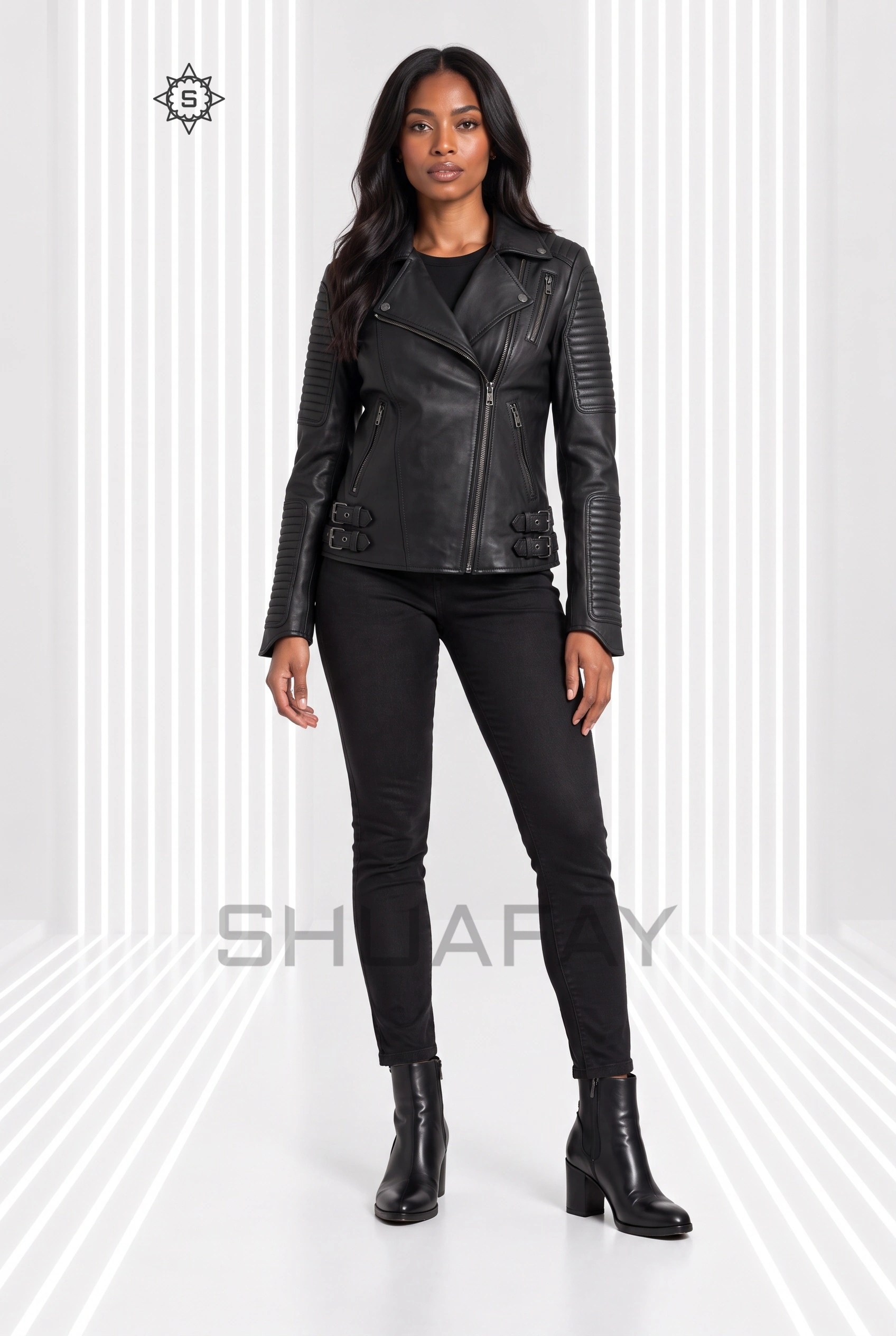 Strato Shear Women – Black – Front Black Strato Shear women’s leather jacket, front view with asymmetric zip, ribbed sleeves and twin waist buckles.