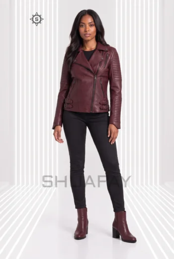 Burgundy Strato Shear women’s leather jacket front view showing asymmetric zip, notched lapels and channel-stitched sleeves.