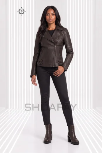 Dark Brown Strato Shear women’s leather jacket front view showing asymmetric zip, notched lapels and channel-stitched sleeves.