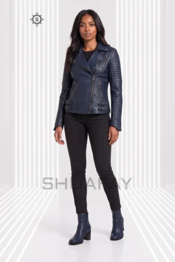 Navy Blue Strato Shear women’s leather jacket front view showing asymmetric zip, notched lapels and channel-stitched sleeves.