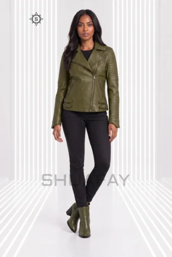 Olive Green Strato Shear women’s leather jacket front view showing asymmetric zip, notched lapels and channel-stitched sleeves.