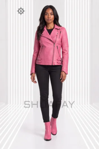 Pink Strato Shear women’s leather jacket front view showing asymmetric zip, notched lapels and channel-stitched sleeves.