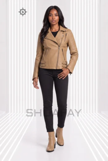 Tan Strato Shear women’s leather jacket front view showing asymmetric zip, notched lapels and channel-stitched sleeves.