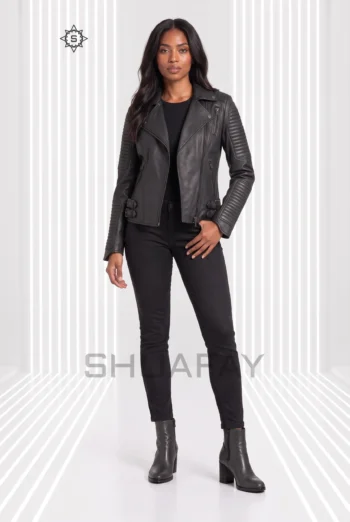Charcoal Gray Strato Shear women’s leather jacket front view showing asymmetric zip, notched lapels and channel-stitched sleeves.
