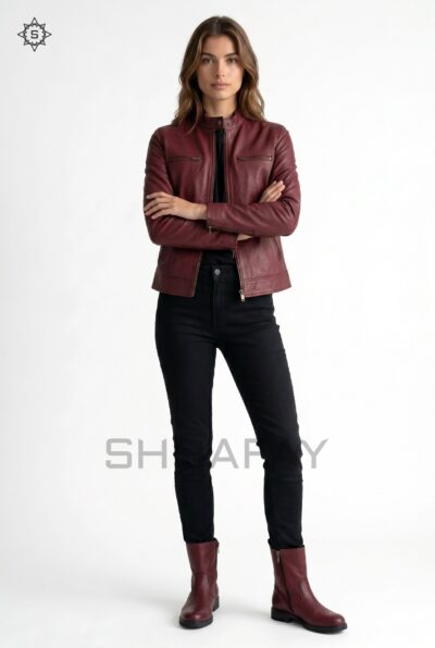Swift Guard Biker Jacket Women Burgundy Front