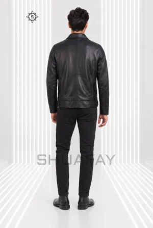 AI-generated back styling preview of Railfold men’s black leather zip jacket, showing the central back seam, curved side panels and rear sleeve joins.