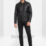 AI-generated front styling preview of Railfold men’s black leather zip jacket, with a pointed collar, central zip and diagonal welt pockets.