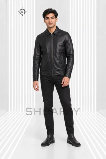 AI-generated front styling preview of Railfold men’s black leather zip jacket, with a pointed collar, central zip and diagonal welt pockets.