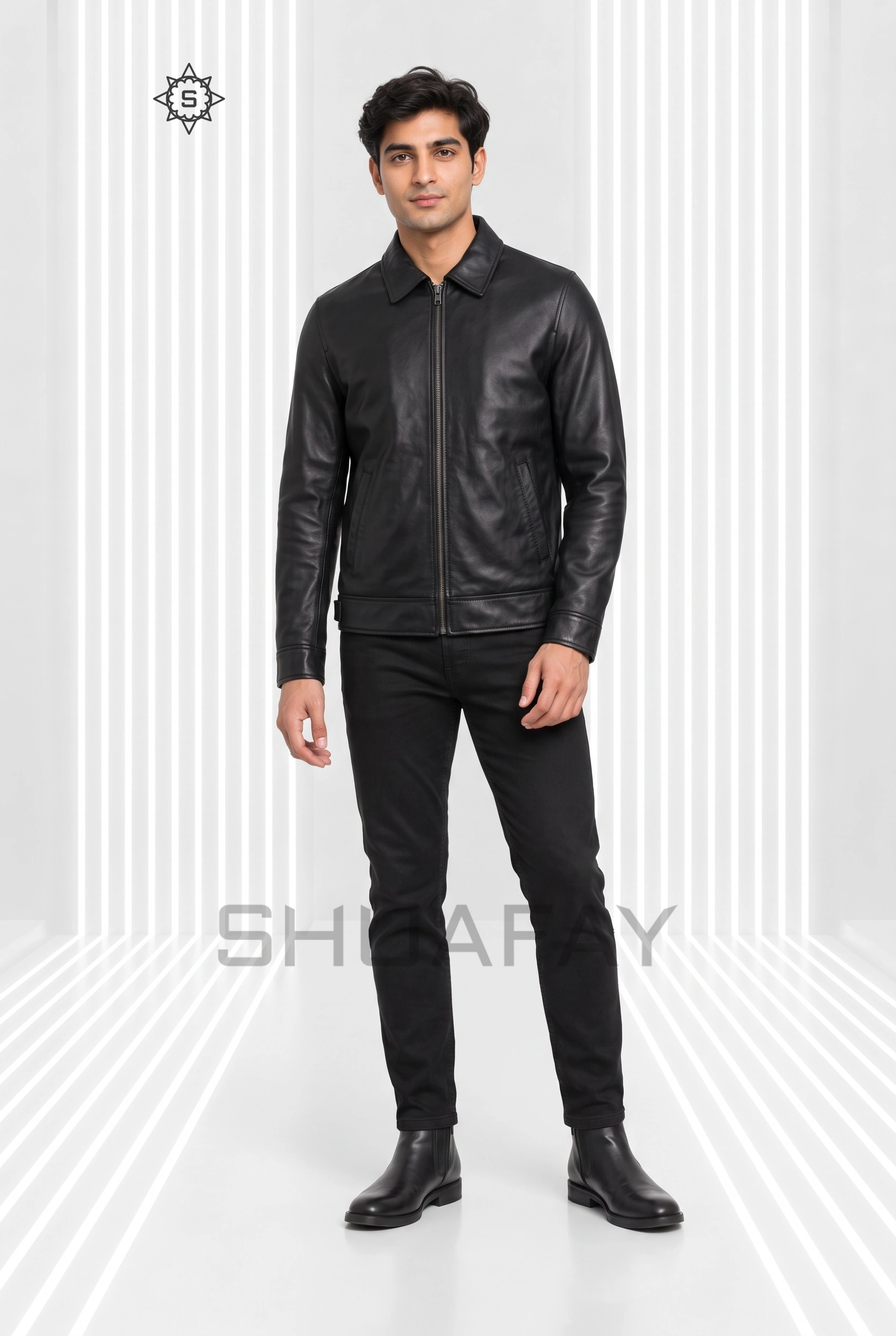 Railfold Leather Zip Jacket – Men – Black – Front Preview AI-generated front styling preview of Railfold men’s black leather zip jacket, with a pointed collar, central zip and diagonal welt pockets.