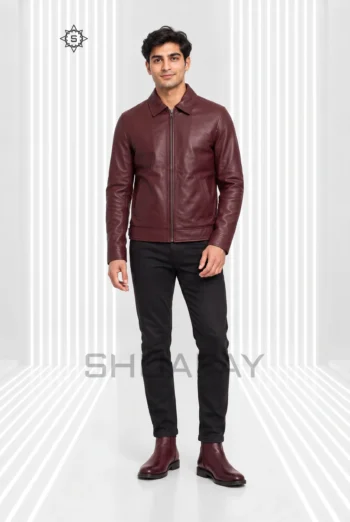 AI-generated front styling preview of Railfold men’s burgundy leather zip jacket, with a pointed collar, central zip and diagonal welt pockets.