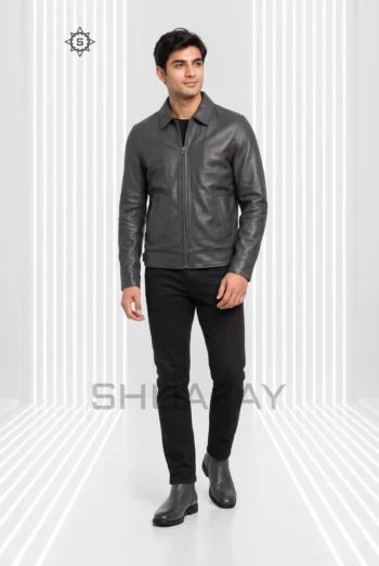 AI-generated front styling preview of Railfold men’s charcoal gray leather zip jacket, with a pointed collar, central zip and diagonal welt pockets.