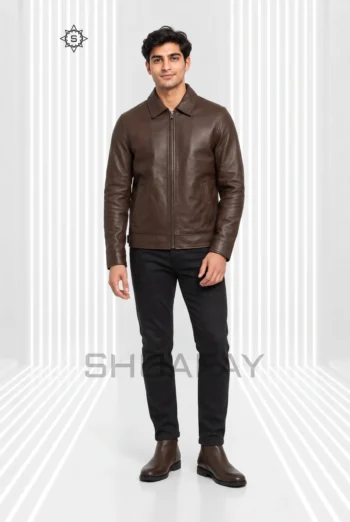 AI-generated front styling preview of Railfold men’s dark brown leather zip jacket, with a pointed collar, central zip and diagonal welt pockets.