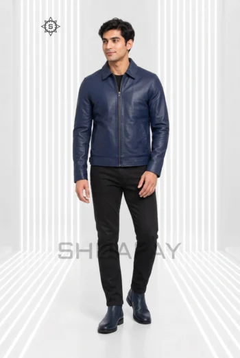 AI-generated front styling preview of Railfold men’s navy blue leather zip jacket, with a pointed collar, partly open central zip and diagonal welt pockets.