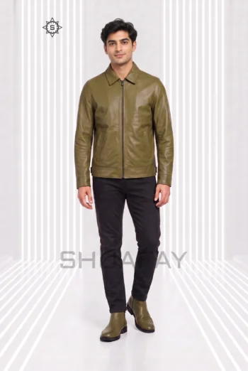 AI-generated front styling preview of Railfold men’s olive green leather zip jacket, with a pointed collar, central zip and diagonal welt pockets.