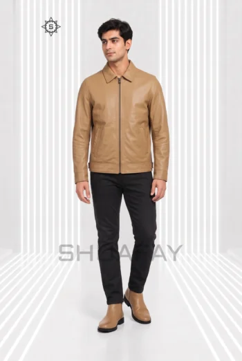AI-generated front styling preview of Railfold men’s tan leather zip jacket, with a pointed collar, central zip and diagonal welt pockets.