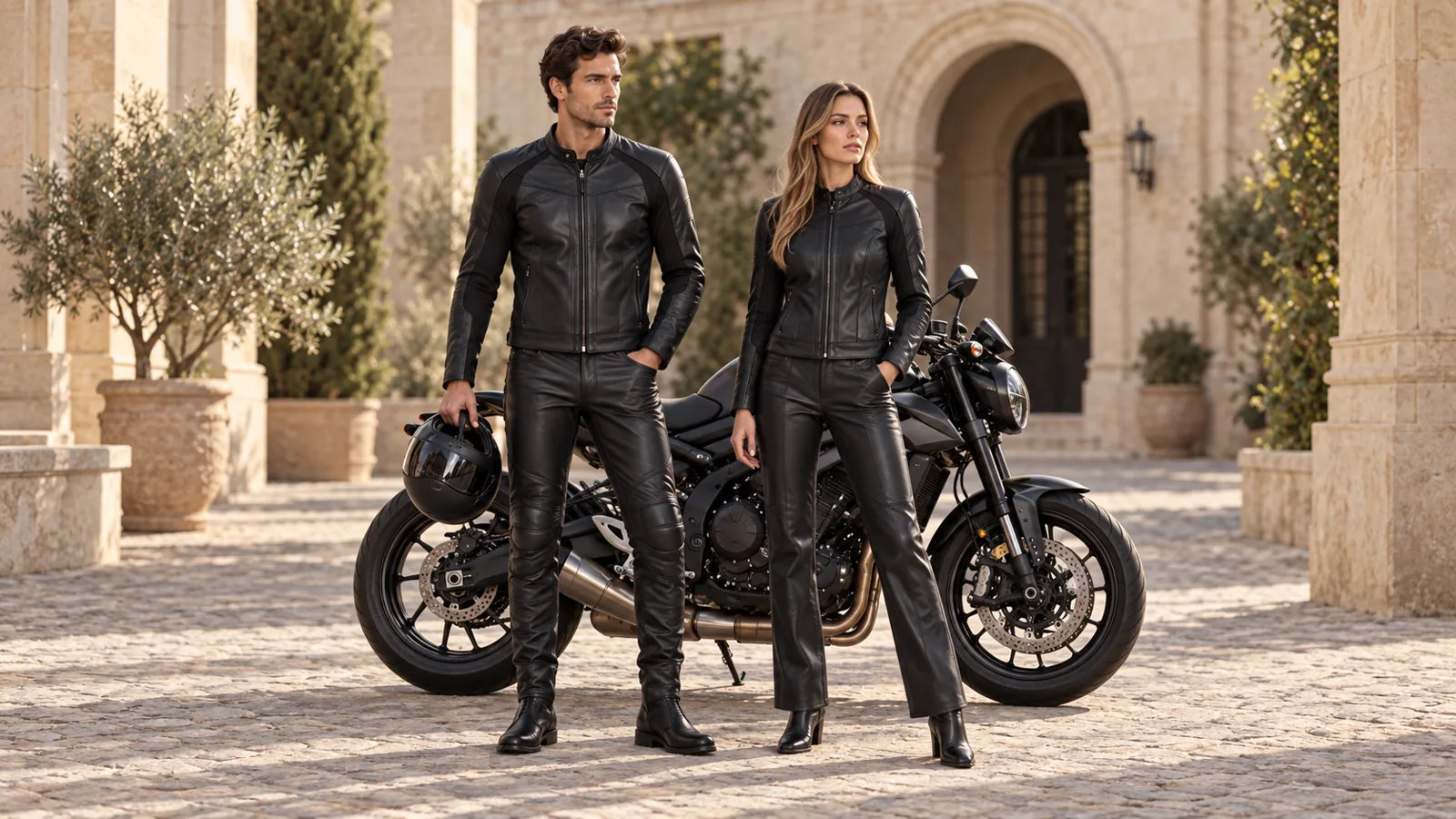 Woman and man in black leather biker outfits beside a motorcycle in a warm stone courtyard