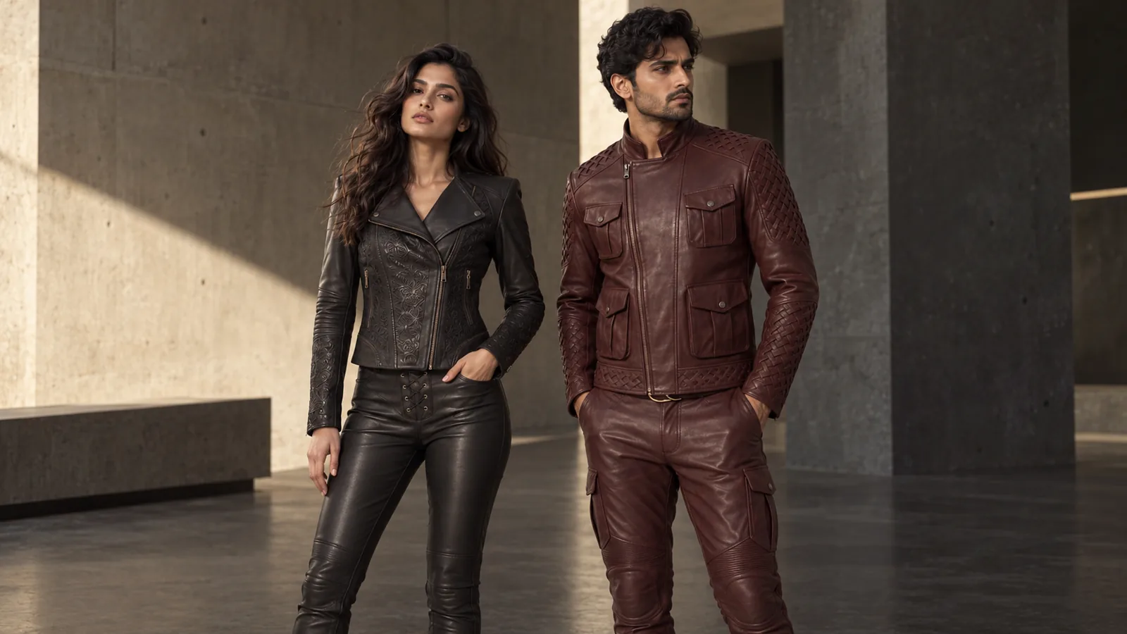 Woman in a black embroidered leather outfit and man in an oxblood leather outfit against modern concrete architecture