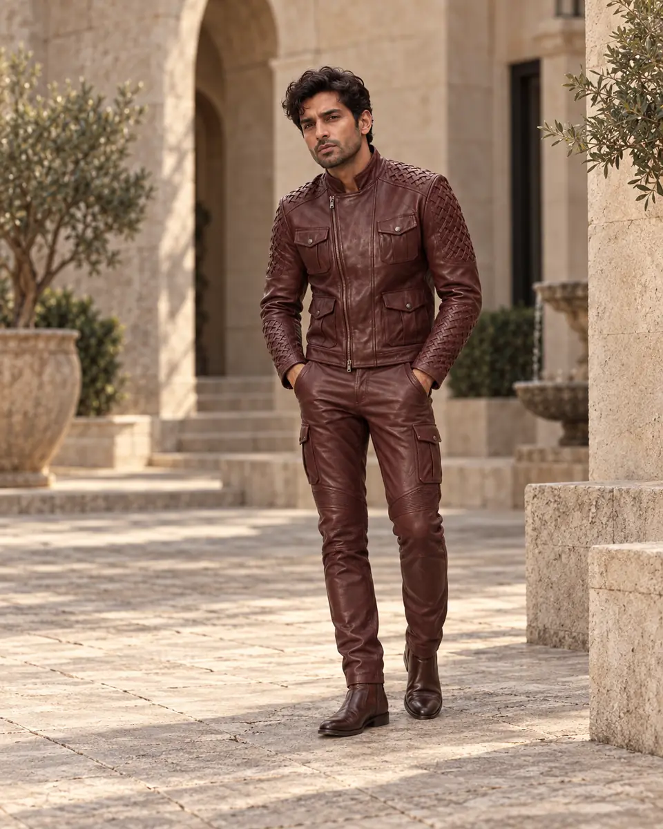 Man in an oxblood leather jacket and matching trousers, fully visible in a warm stone courtyard