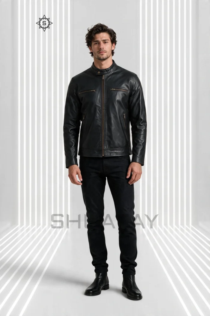 Black Swift Guard Biker Jacket for men, front view with snap-tab collar, central zip and four zipped pockets.