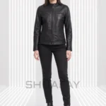 Black Swift Guard women’s leather jacket, front view with a snap-tab stand collar and four zip pockets.