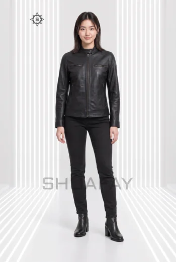 Black Swift Guard women’s leather jacket, front view with a snap-tab stand collar and four zip pockets.