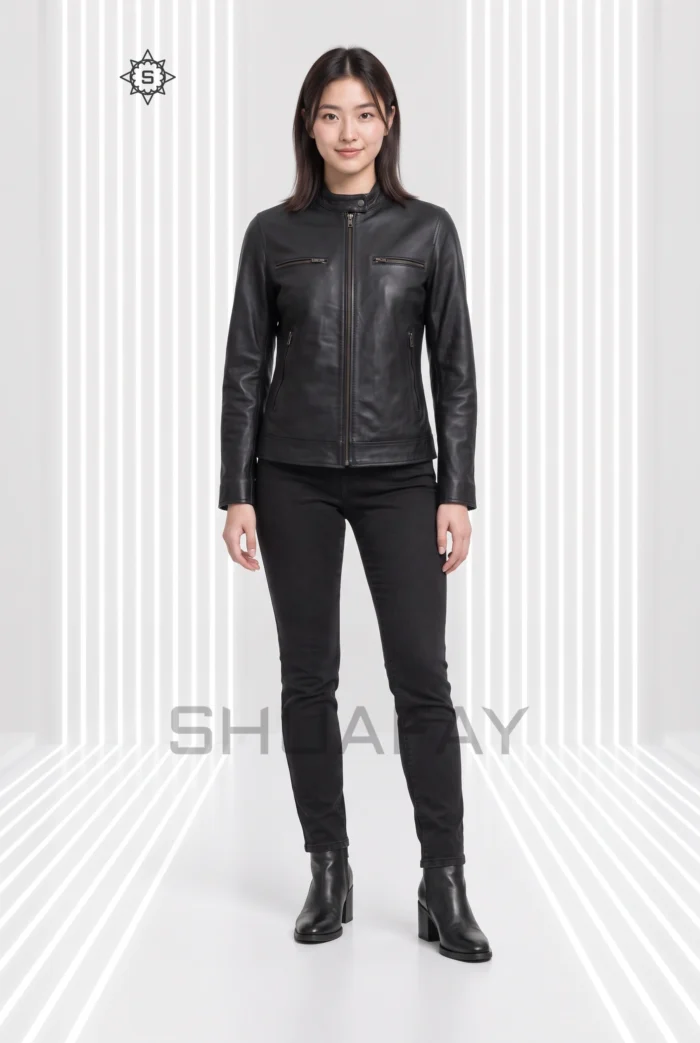 Black Swift Guard women’s leather jacket, front view with a snap-tab stand collar and four zip pockets.