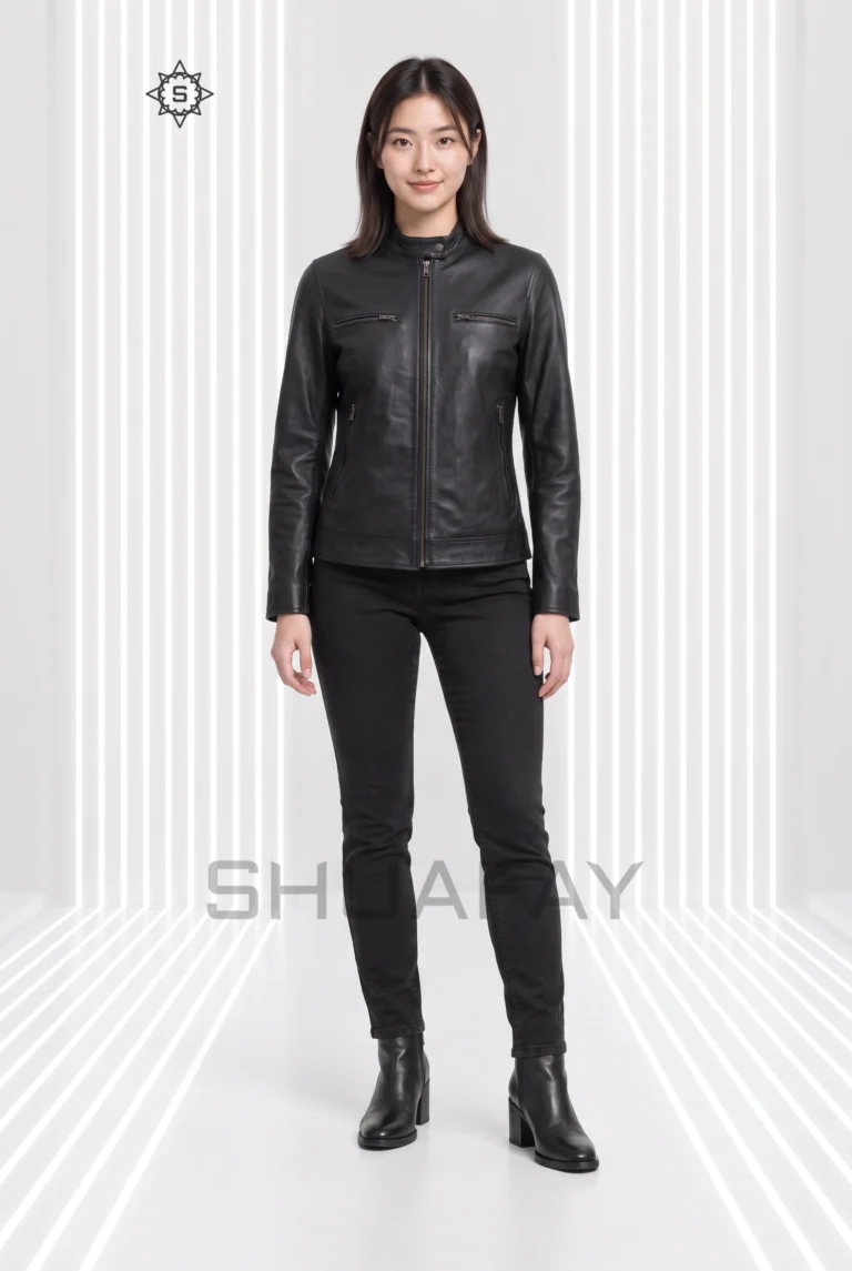 Black Swift Guard women’s leather jacket, front view with a snap-tab stand collar and four zip pockets.