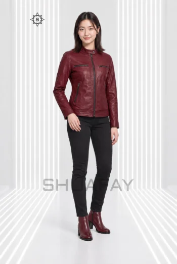 Swift Guard Biker Jacket for women in Burgundy, front view showing the snap-fastened collar and four zip pockets.