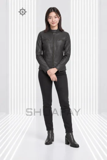 Swift Guard Biker Jacket for women in Charcoal Gray, front view showing the snap-fastened collar and four zip pockets.