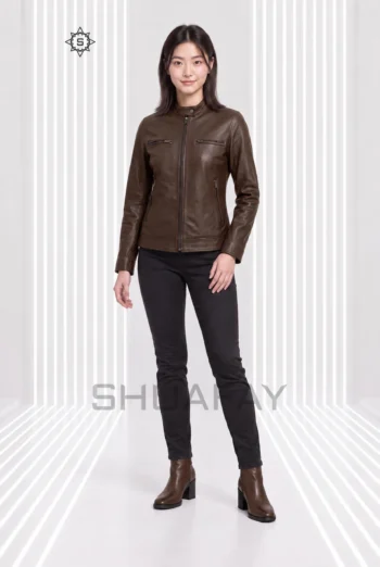 Swift Guard Biker Jacket for women in Dark Brown, front view showing the snap-fastened collar and four zip pockets.