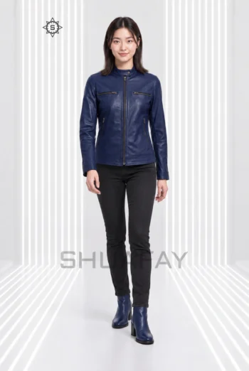 Swift Guard Biker Jacket for women in Navy Blue, front view showing the snap-fastened collar and four zip pockets.