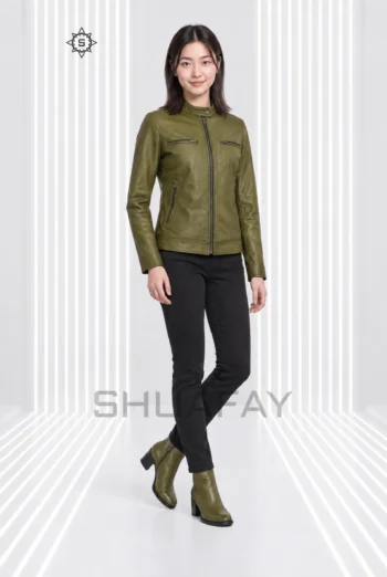 Swift Guard Biker Jacket for women in Olive Green, front view showing the snap-fastened collar and four zip pockets.