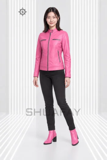 Swift Guard Biker Jacket for women in Pink, front view showing the snap-fastened collar and four zip pockets.
