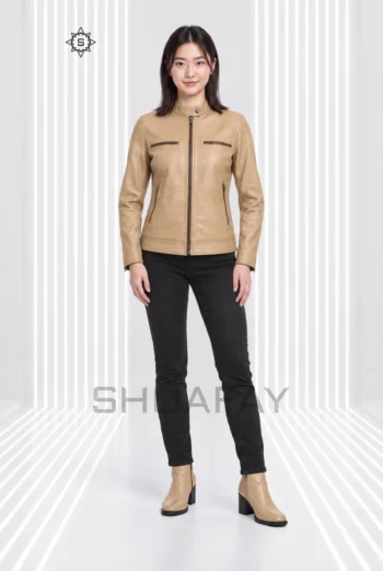 Swift Guard Biker Jacket for women in Tan, front view showing the snap-fastened collar and four zip pockets.